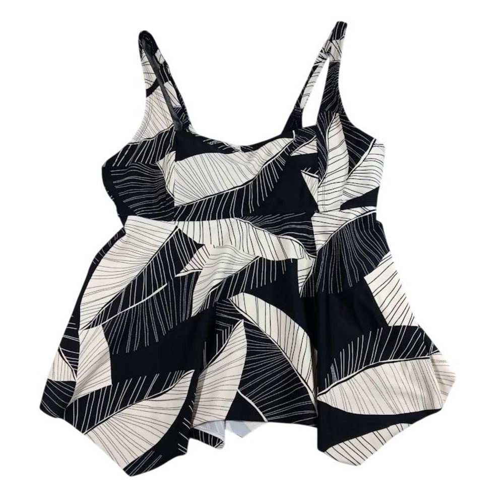 Kona Sol Tankini Top Womens XL Black Tropical Leaf Handkerchief Hem Padded Swim